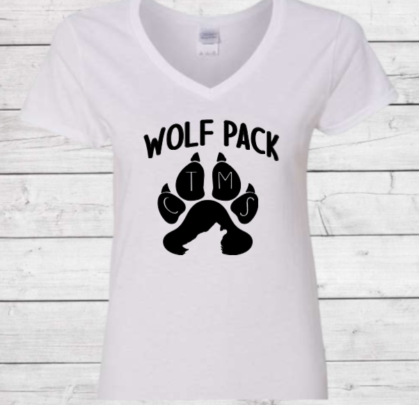 Wolf Pack with Paw on Top - CTMS Spirit Wear Cotton T-shirt - Women's V-Neck