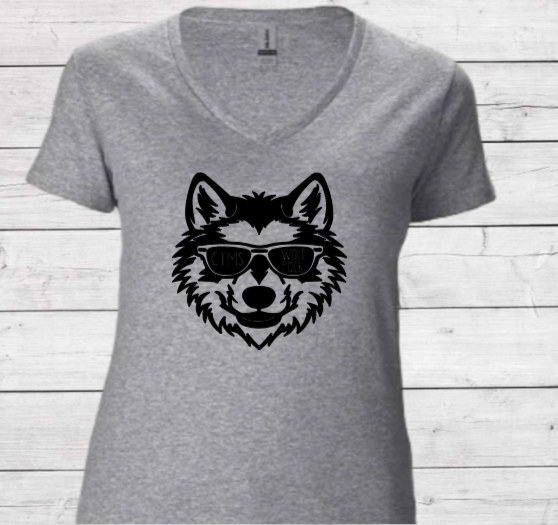 Wolf Pack Wolf with Glasses - CTMS Spirit Wear Cotton T-shirt -women's V-Neck