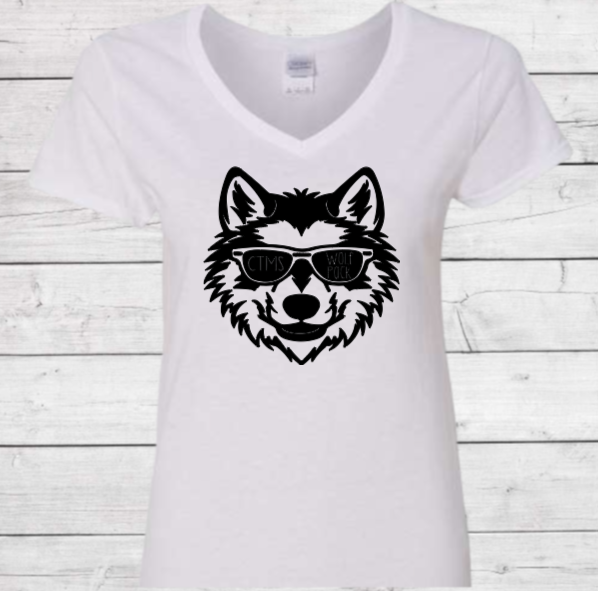 Wolf Pack Wolf with Glasses - CTMS Spirit Wear Cotton T-shirt -women's V-Neck