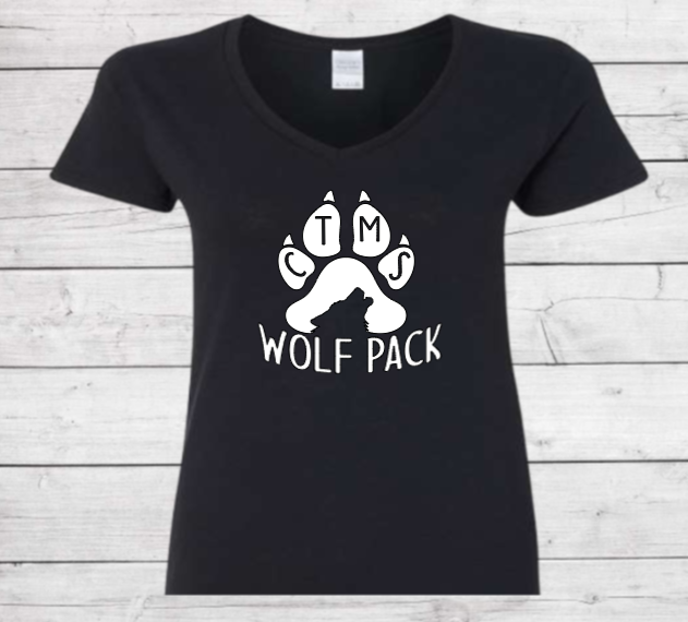 Wolf Pack with Paw on Bottom - CTMS Spirit Wear Cotton T-shirt - Women's V-Neck