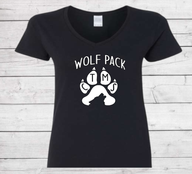 Wolf Pack with Paw on Top - CTMS Spirit Wear Cotton T-shirt - Women's V-Neck