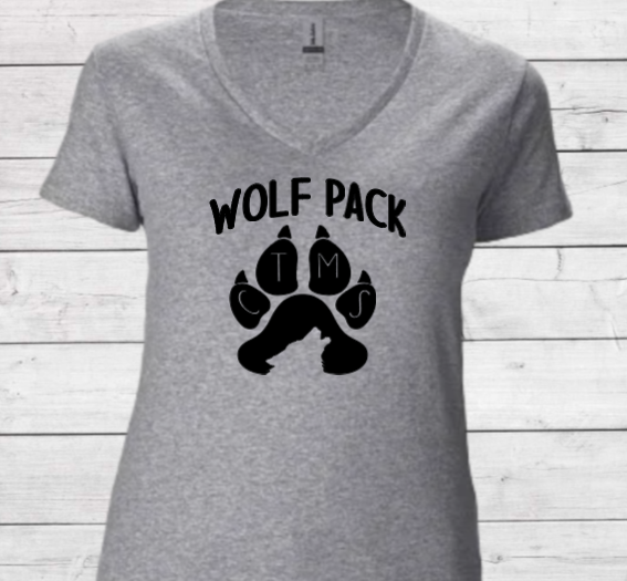 Wolf Pack with Paw on Top - CTMS Spirit Wear Cotton T-shirt - Women's V-Neck