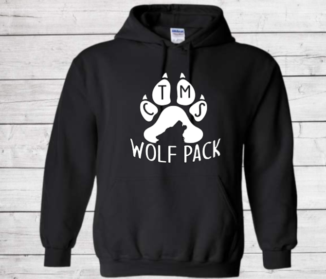 Wolf Pack with Paw on Bottom- CTMS Spirit Wear Hooded Sweatshirt - Youth Unisex