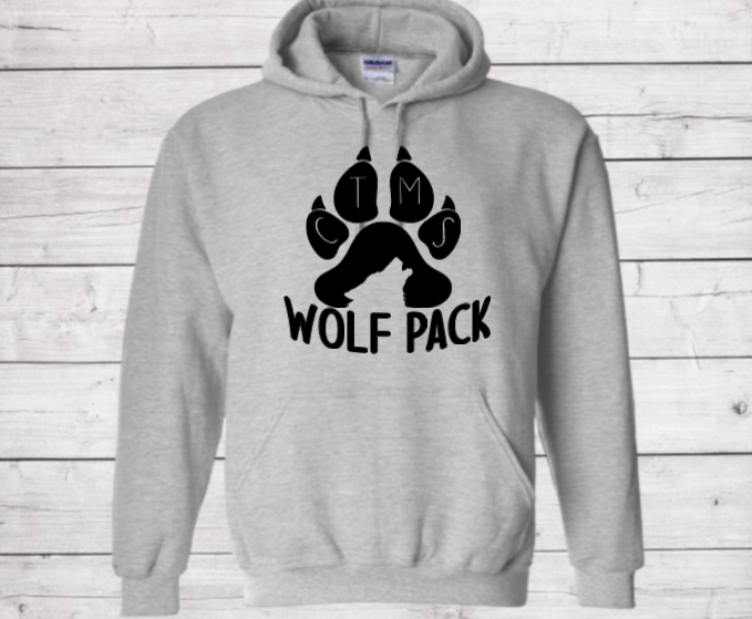 Wolf Pack with Paw on Bottom- CTMS Spirit Wear Hooded Sweatshirt - Youth Unisex