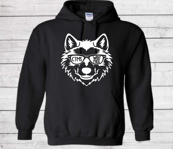 Wolf Pack Wolf with Glasses- CTMS Spirit Wear Hooded Sweatshirt - Youth Unisex