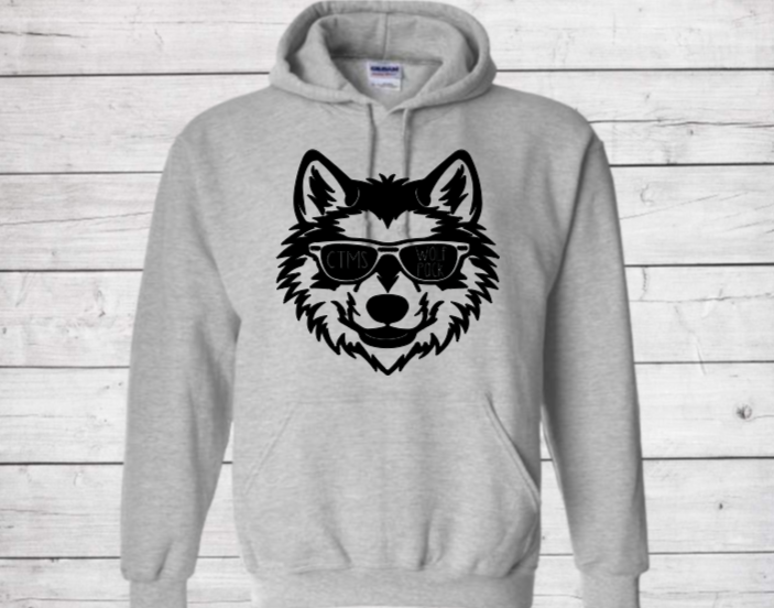 Wolf Pack Wolf with Glasses- CTMS Spirit Wear Hooded Sweatshirt - Youth Unisex
