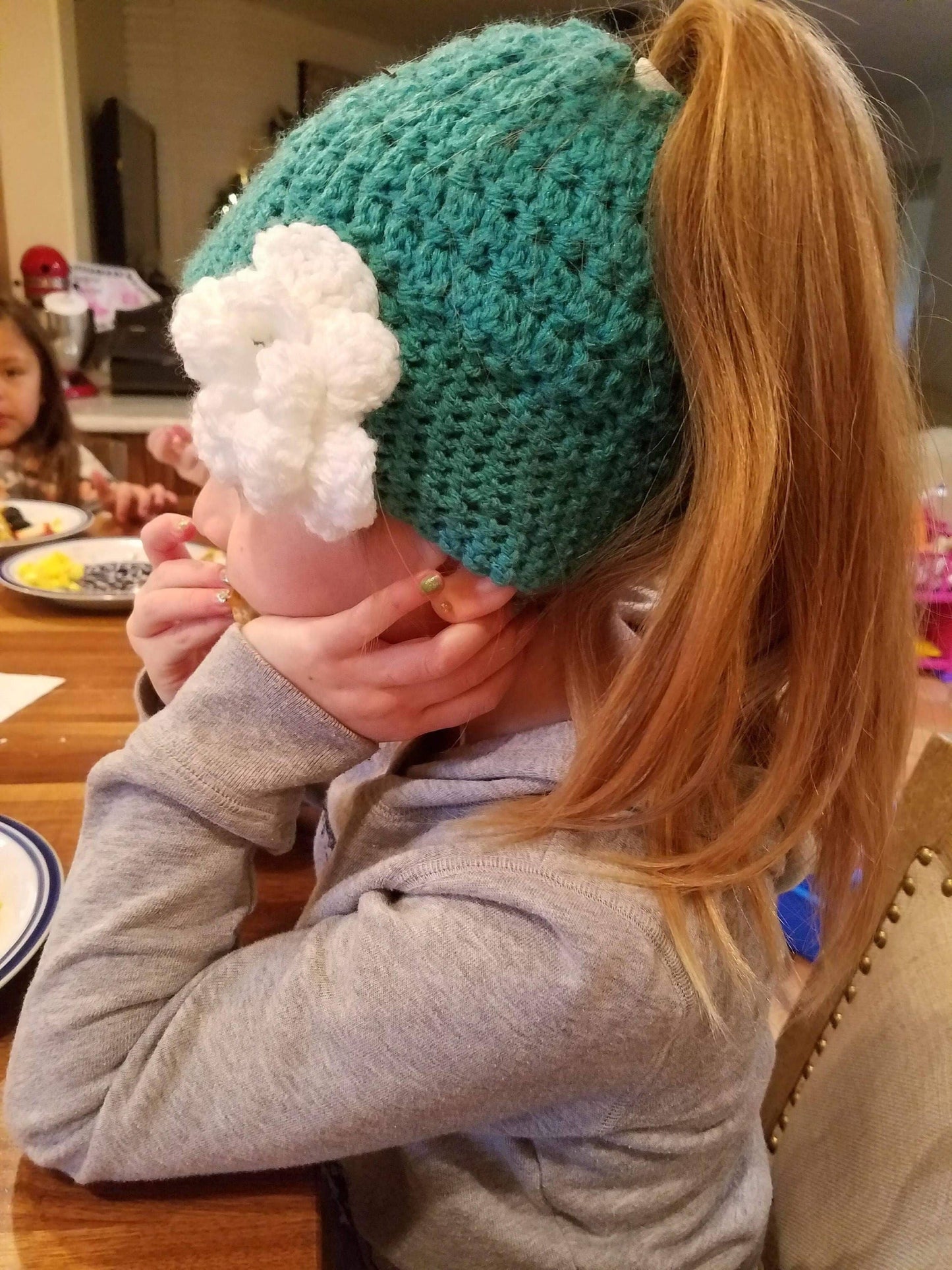 Toddler messy bun beanie with flower