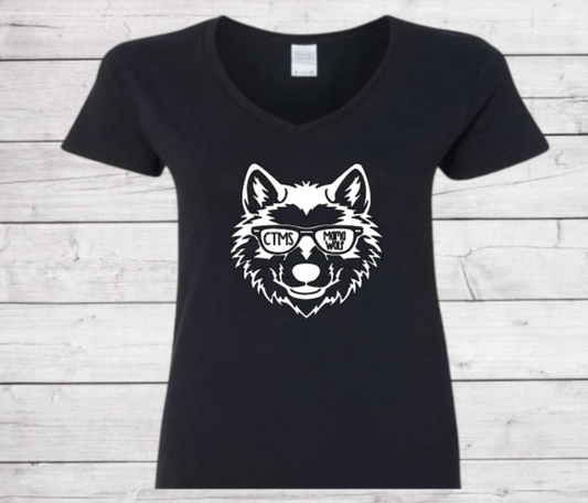 Mama Wolf with Glasses - CTMS Spirit Wear Cotton T-shirt - Women's V-Neck