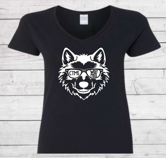Wolf Pack Wolf with Glasses - CTMS Spirit Wear Cotton T-shirt -women's V-Neck