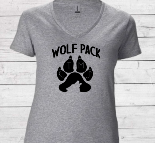 Wolf Pack with Paw on Top - CTMS Spirit Wear Cotton T-shirt - Women's V-Neck
