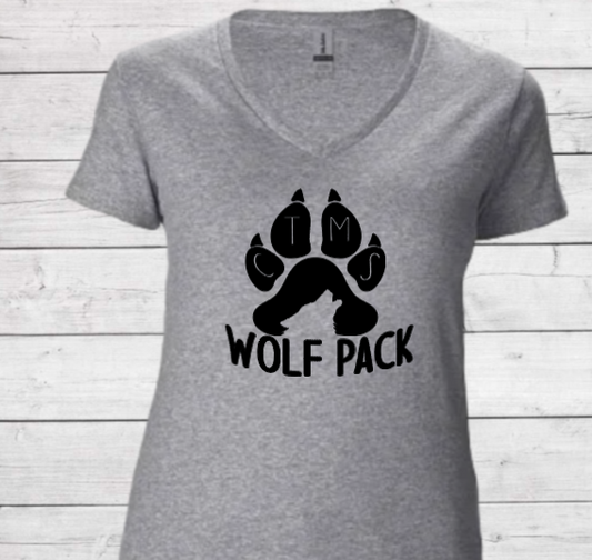 Wolf Pack with Paw on Bottom - CTMS Spirit Wear Cotton T-shirt - Women's V-Neck